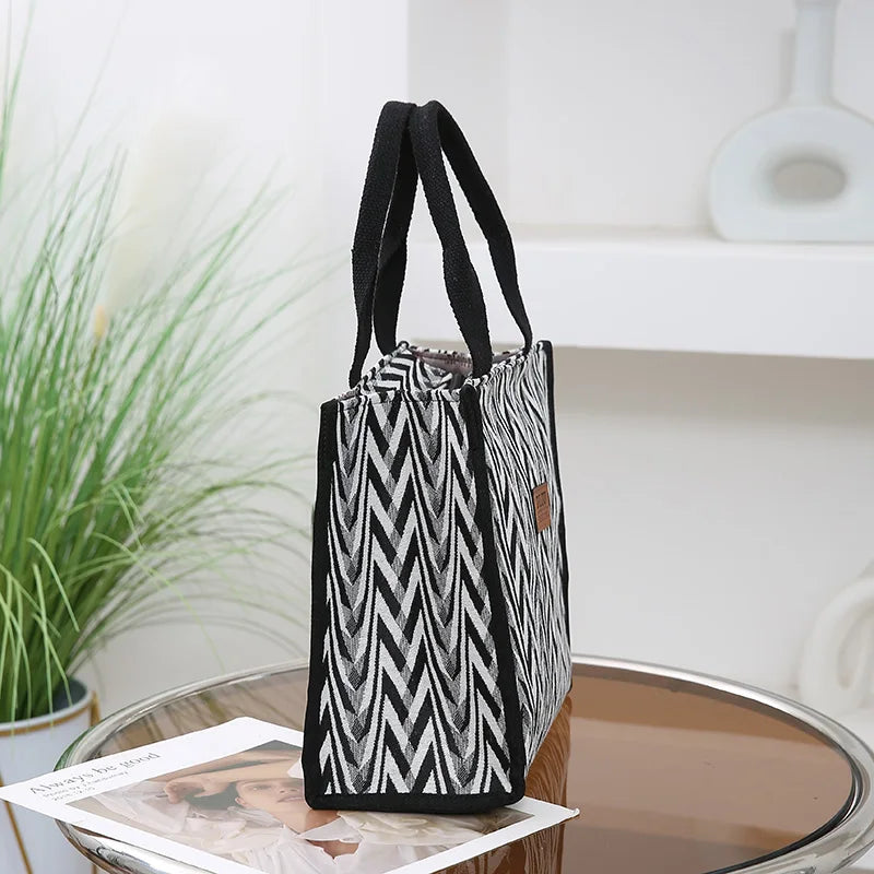 Chevron Pattern Canvas Tote Bag, Retro Letter Patch Decor Handbag, Women's Causal Shopper & Commuter Bag