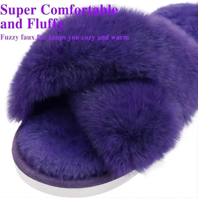 Hpfulseazn Women's Cross Band Slippers Fuzzy Memory Foam Slippers Cozy House Shoes Open Toe Fluffy Home Shoes Indoor Outdoor Slip On Warm Breathable