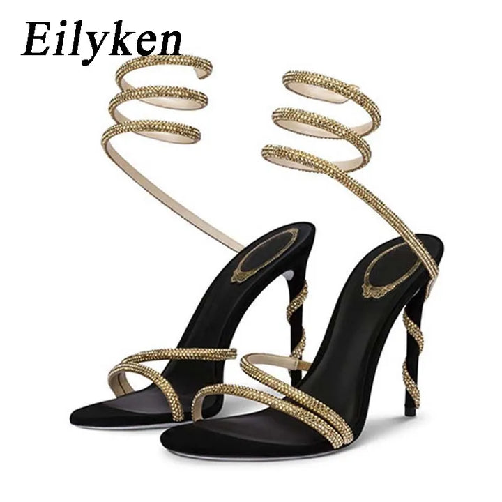 Eilyken Crystal Rhinestone Open Toe Woman Sandals Design Sexy Thin High Heels Party Prom Shoes Fashion Ankle Strap  Pumps