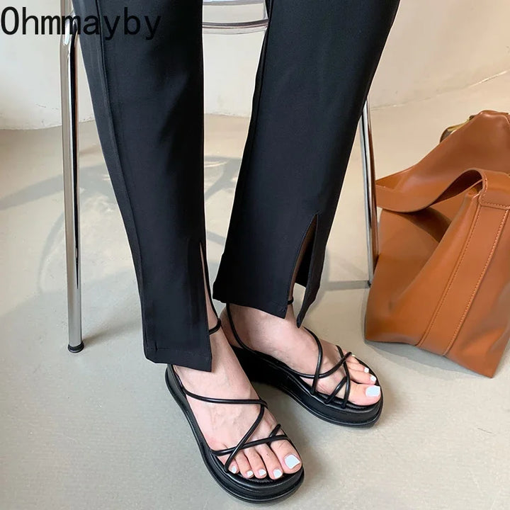 Design Open Toe Women Sandals Summer Fashion Narrow Band Dress Shoes Platform Wedges Heel Ladies Ankle Strap Gladiator Sandalias