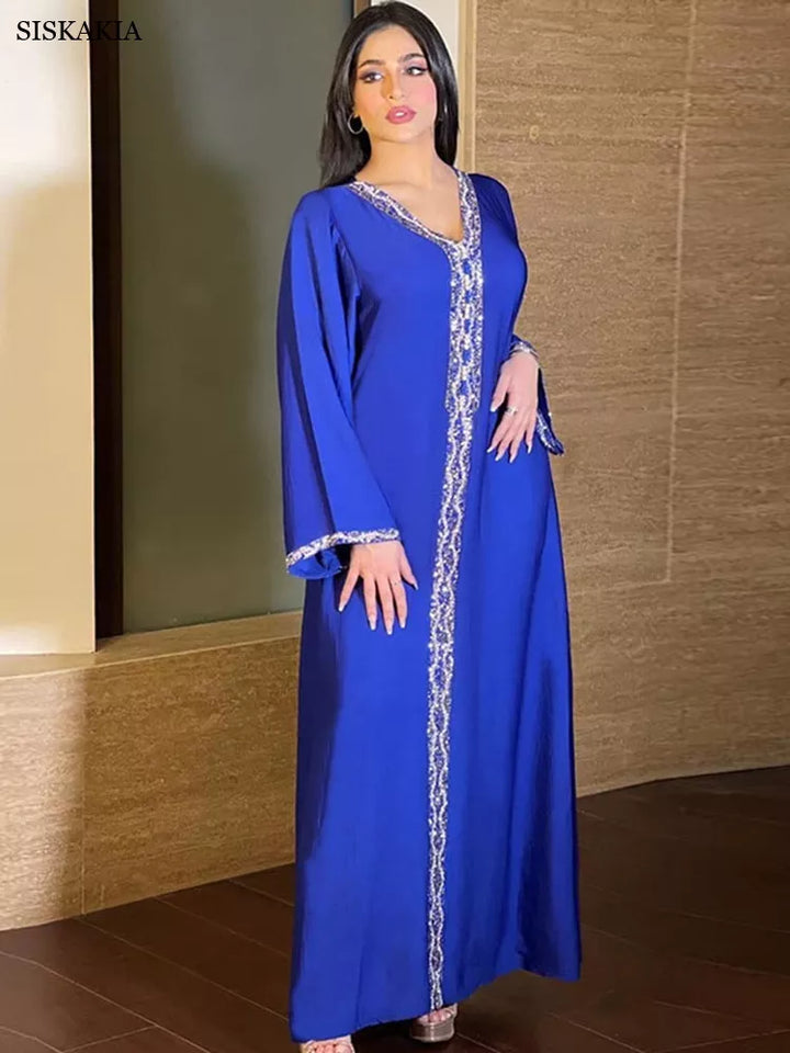 Muslim Dress Women Rhinestone Solid Color V-Neck Long Dress Jalabya Arabic Dubai Oman Qatar Turkish Abaya Moroccan Kaftan