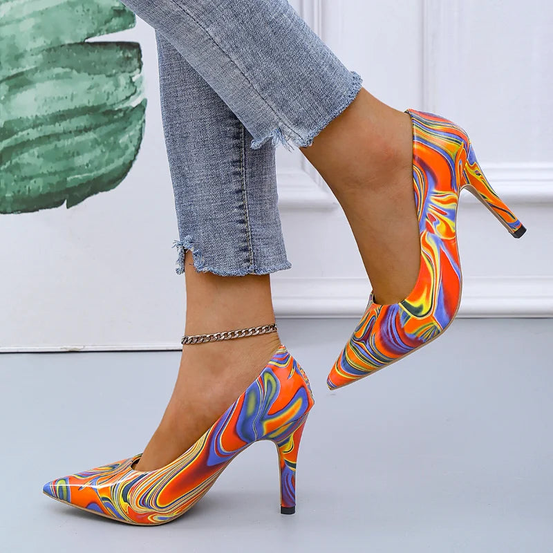 2022 Spring and Autumn Fashion Graffiti Large Shallow Mouth Shoes Pointed Colorful Versatile Women's High Heels Single Shoes