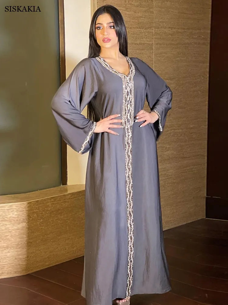 Muslim Dress Women Rhinestone Solid Color V-Neck Long Dress Jalabya Arabic Dubai Oman Qatar Turkish Abaya Moroccan Kaftan