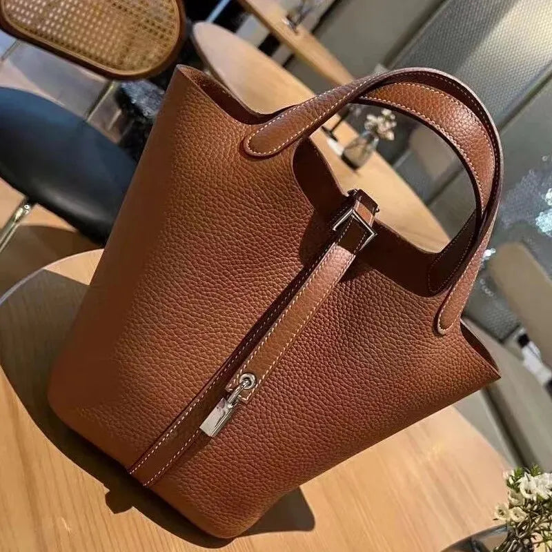 Large Capacity Bucket Bag Leather Women Handbag High-end Feel Top Layer Cowhide Basket Bag Street Style Daily Match