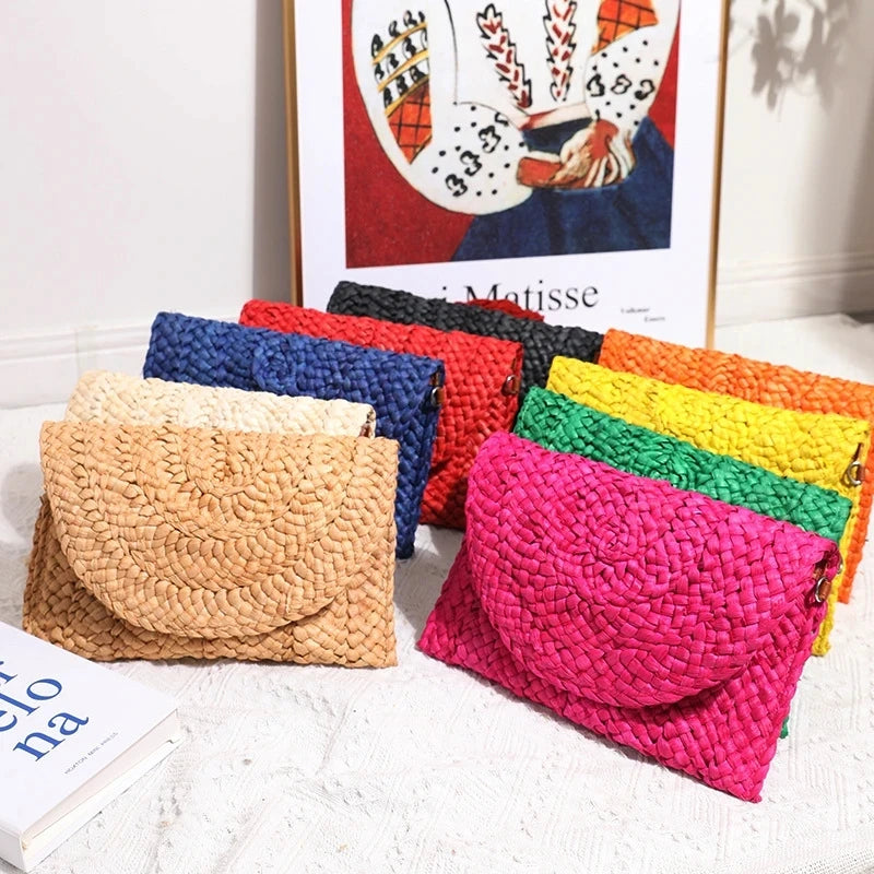 Women Fashion Flap Envelope Bags Summer Beach Bag Handmade Wallet Straw Knitted Handbag Lady Coin Phone Long Purse Clutches