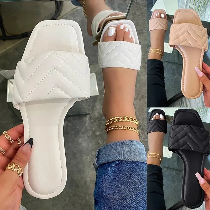 comemore 2021 New High Quality Women Slides Square Toe Flat Slippers Summer Outdoor Beach Non-Slip Casual Sandals Female Shoes