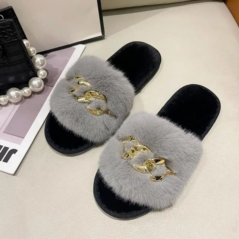 Fluffy Slippers Home Winter Casual Chain Designer Shoes Women Indoor Platform Plush Slides Girls 2024 Fashion Elegant Large Size