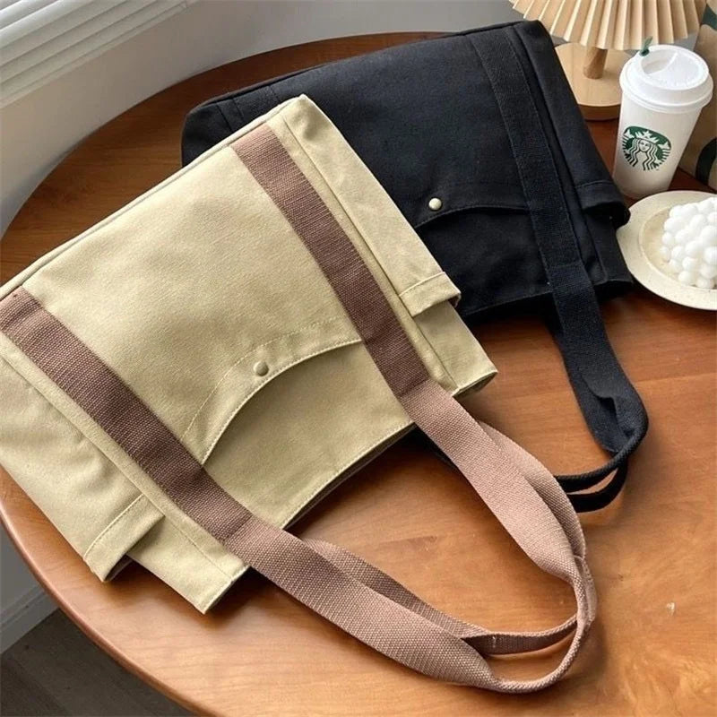 Women Multiple Pockets Handbag Canvas Shoulder Bag Gothic Tote High Quality Large Capacity Cotton Reusable Shopping Beach Bag