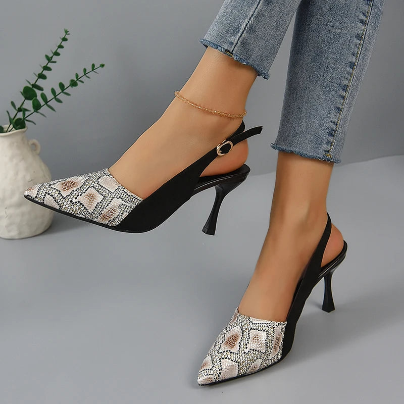 Lucyever 2024 New High Heels Mules Sandals Women Fashion Snake Pattern Thin Heeled Shoes Woman Back Strap Pointed Toe Sandalias