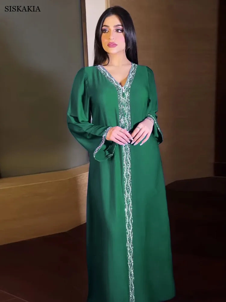 Muslim Dress Women Rhinestone Solid Color V-Neck Long Dress Jalabya Arabic Dubai Oman Qatar Turkish Abaya Moroccan Kaftan