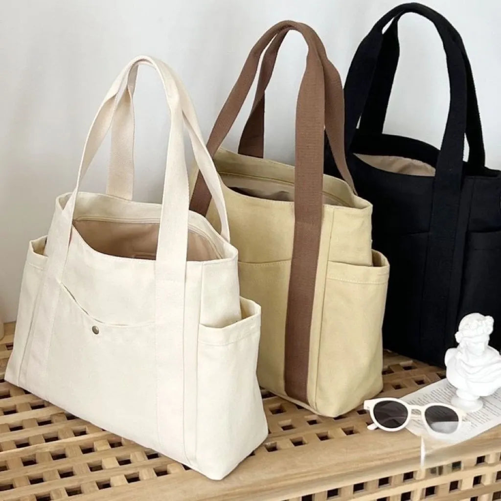 Women Multiple Pockets Handbag Canvas Shoulder Bag Gothic Tote High Quality Large Capacity Cotton Reusable Shopping Beach Bag