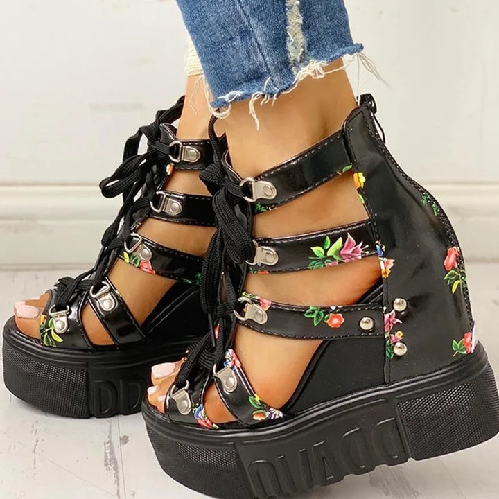 2022 Summer Printing Casual Wedge Women's Shoes Women's Sandals Thick Sole Laces High Heels Casual Women's Shoes Zapatos Mujer