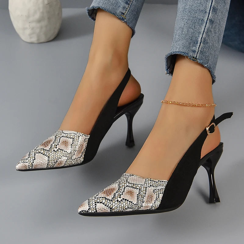 Lucyever 2024 New High Heels Mules Sandals Women Fashion Snake Pattern Thin Heeled Shoes Woman Back Strap Pointed Toe Sandalias