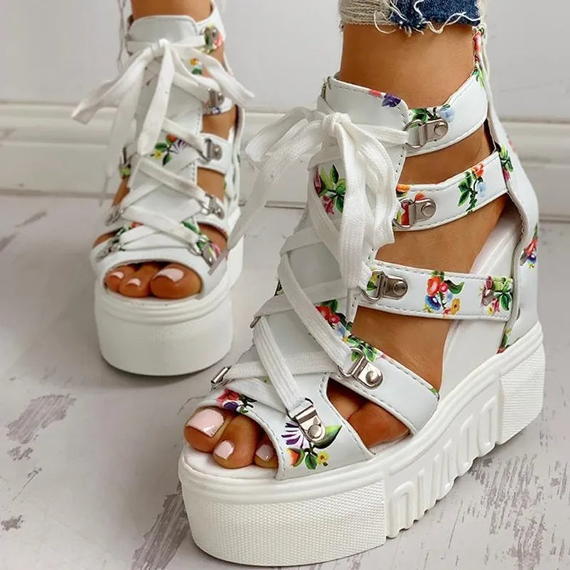 2022 Summer Printing Casual Wedge Women's Shoes Women's Sandals Thick Sole Laces High Heels Casual Women's Shoes Zapatos Mujer