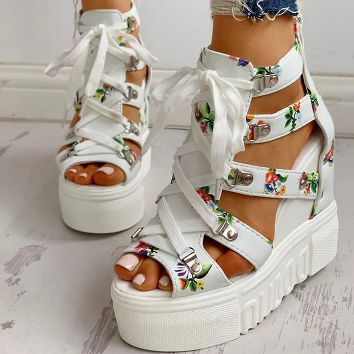 2022 Summer Printing Casual Wedge Women's Shoes Women's Sandals Thick Sole Laces High Heels Casual Women's Shoes Zapatos Mujer