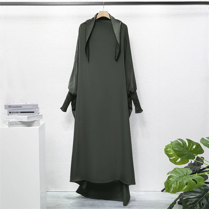 Muslim Abaya Women Jilbab Islamic Clothing Dubai Saudi Black Robe Turkish Modesty One-piece Prayer Dress Hooded Smocking Sleeve