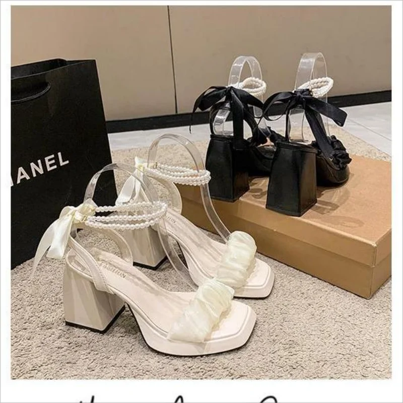 Comfort Shoes for Women Pearl Sandals Suit Female Beige Increasing Height Block Heels All-Match Black Bow 2024 Fashion Chunky Gi