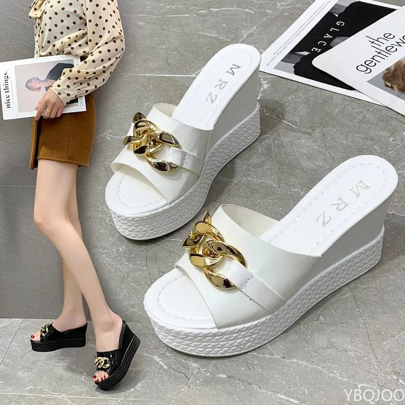 Chain High Heels Slippers Women Wedding Shoes Summer 2022 White Black Platform Wedges Slides Ladies Beach Slippers