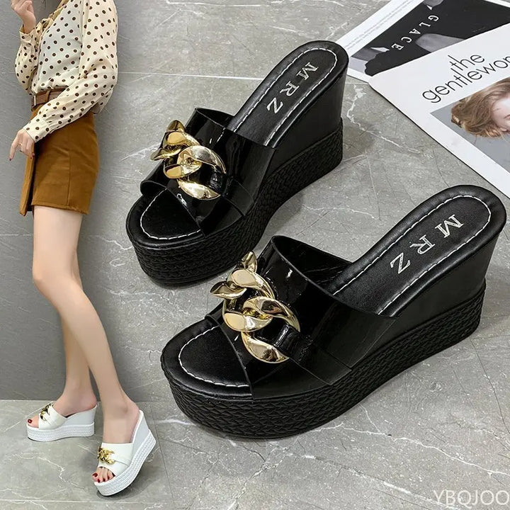 Chain High Heels Slippers Women Wedding Shoes Summer 2022 White Black Platform Wedges Slides Ladies Beach Slippers