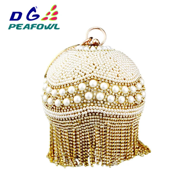 DG PEAFLOW Round Circular Gold Diamond Tassel Bridal  Women Evening Party Crystal Clutch Bag Wedding Wristlets Purse