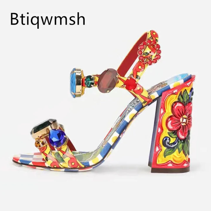 2022 Bohemia Rhinestone Sandals Woman Open Toe Mixed Color Crystal Diamond Slingback High Heels Women Fashion Party Shoes