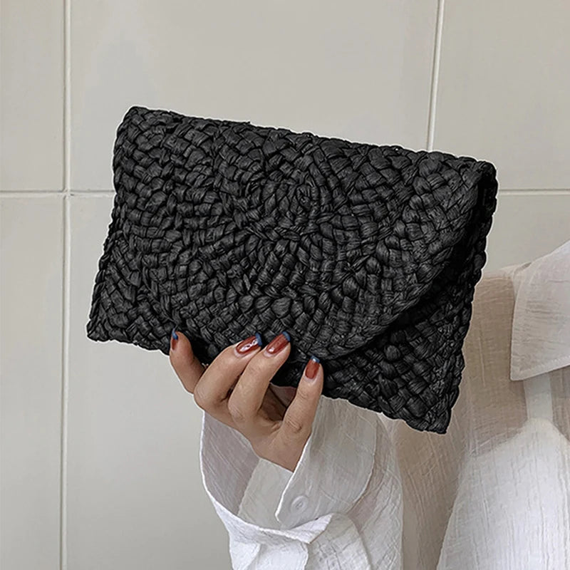 Women Fashion Flap Envelope Bags Summer Beach Bag Handmade Wallet Straw Knitted Handbag Lady Coin Phone Long Purse Clutches