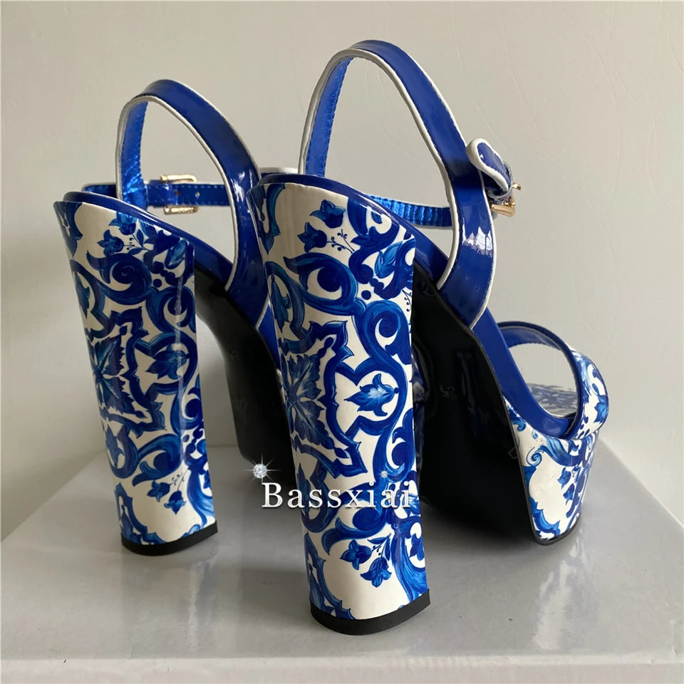 Luxury Print Flower Ankle Strap Sandals Women Patent Leather Chunky Heel High Platform Modern Summer Shoes For Girls