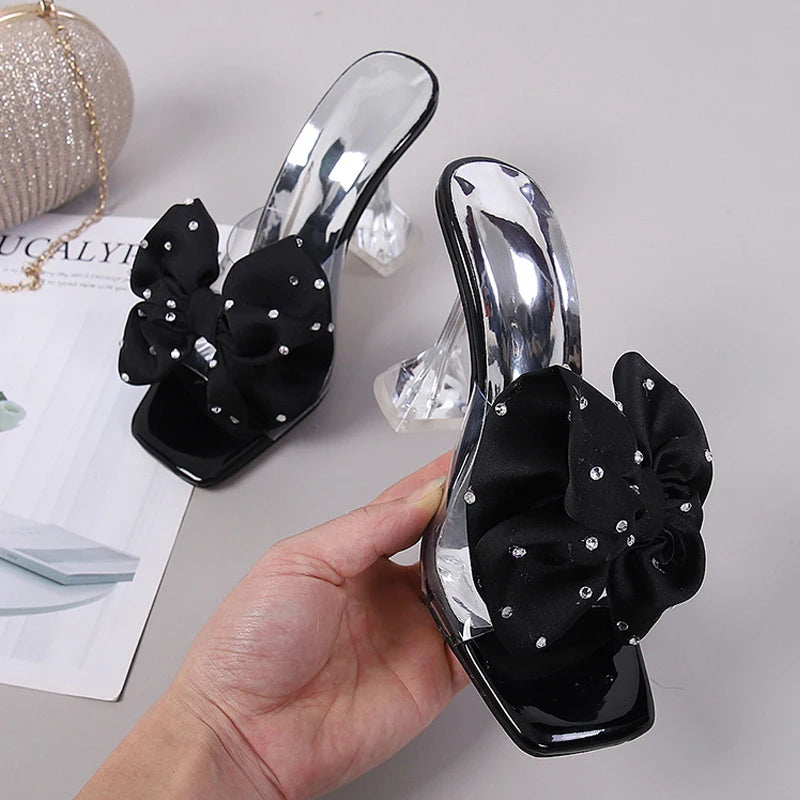 2023 Fashion Crystal Bow High Heels Slippers Shoes for Woman Sexy PVC Transparent Sandals Women Slides Open Toe Pumps Blue Black