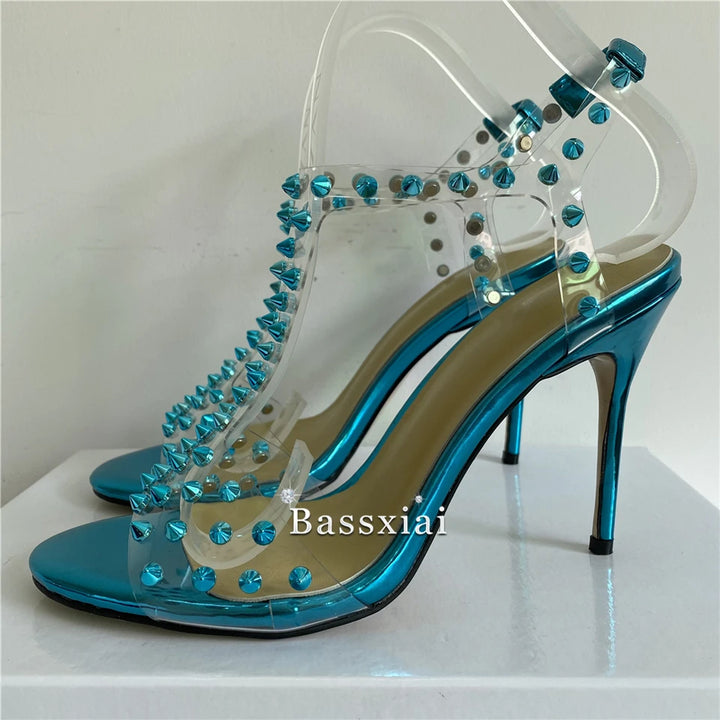 Colorful Rivet Ball Sandals Women 10cm Stiletto Heel Sexy Open Toe T-strap PVC Transparent Summer Shoes For Girls 2024