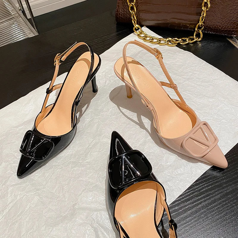 2023 New Summer Metal Buckle Baotou Fashion Sandals Women's Stilettos with Pointed Back Nude Elegant Ladies' Shoes Zaptos Mujer