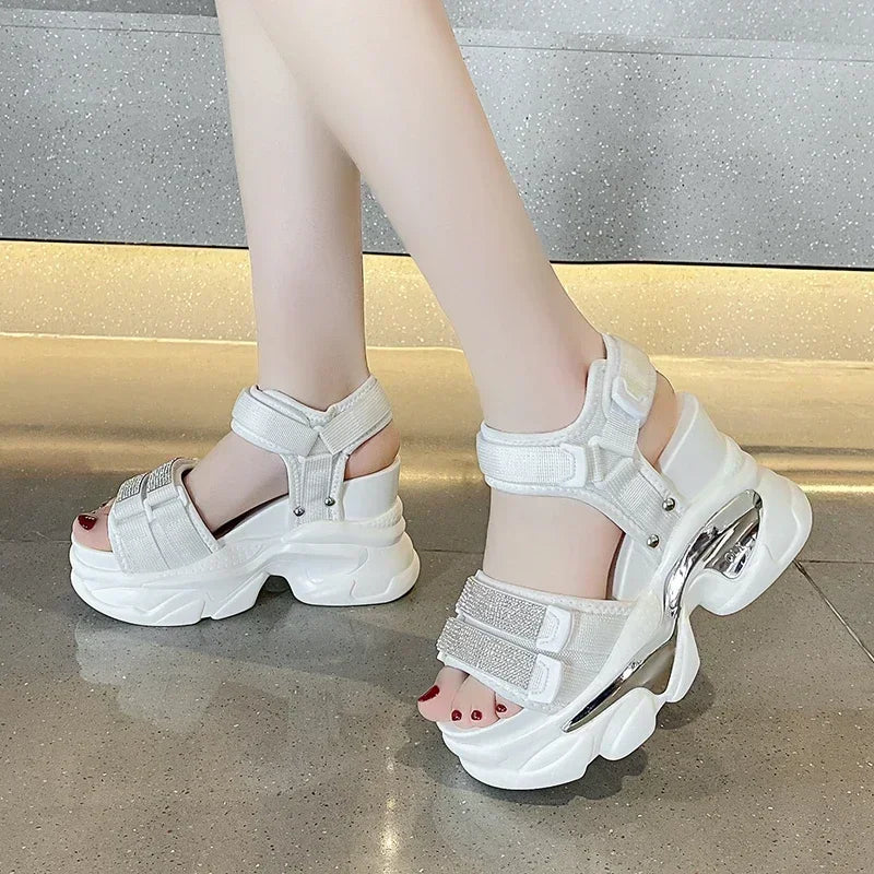 Summer High Platform Women Sandals Buckle 10CM Wedges Bling Shoes Fashion 2023 Outside Chunky Sandals Beach Casual Slides Woman