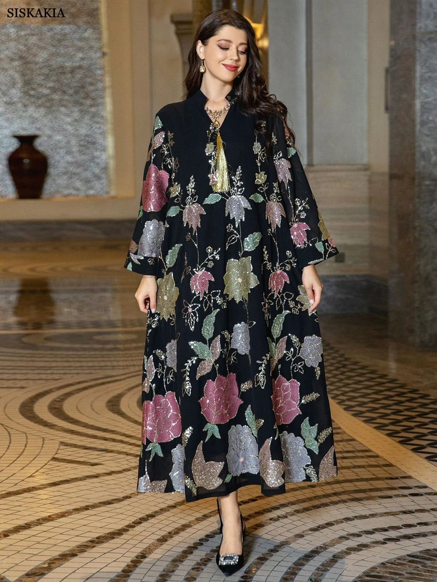 Siskakia Muslim Fashion Floral Embroidery Sequins Casual Abaya Long Sleeve Notched V-Neck Tassel Dress Moroccan Dubai Women Robe