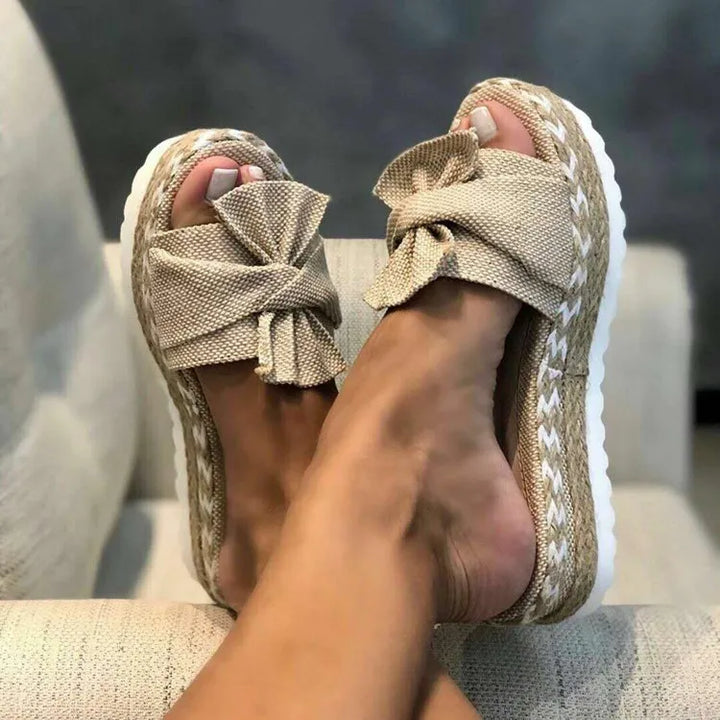 Women Slippers Summer 2022 Platform Wedges Mid Heels Bow Tie Peep Toe Fashion Slides Beach Outdoor Ladies Shoes Zapatos De Mujer