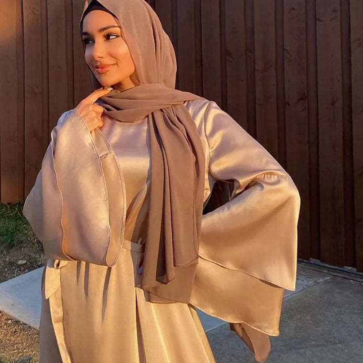 Maxi Satin Dress Muslim Modest Fashion Abaya High Quality Islamic Clothing Solid Color Flare Long Sleeve Women Dropshipping