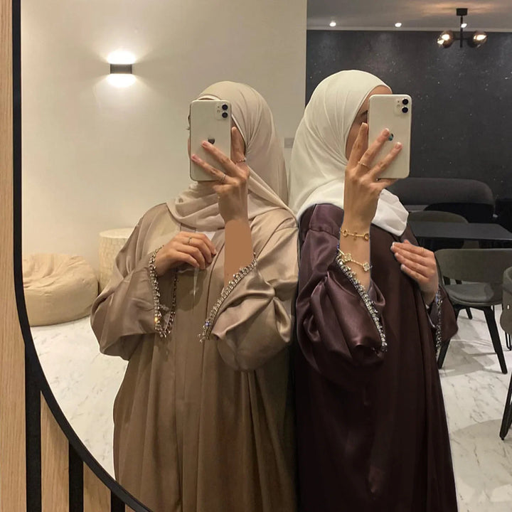 Kimono Abaya Muslim Dubai Turkey Satin Beading Hijab Dress Plain Open Abayas for Women Arabic Party Kaftan Robe Islamic Clothing