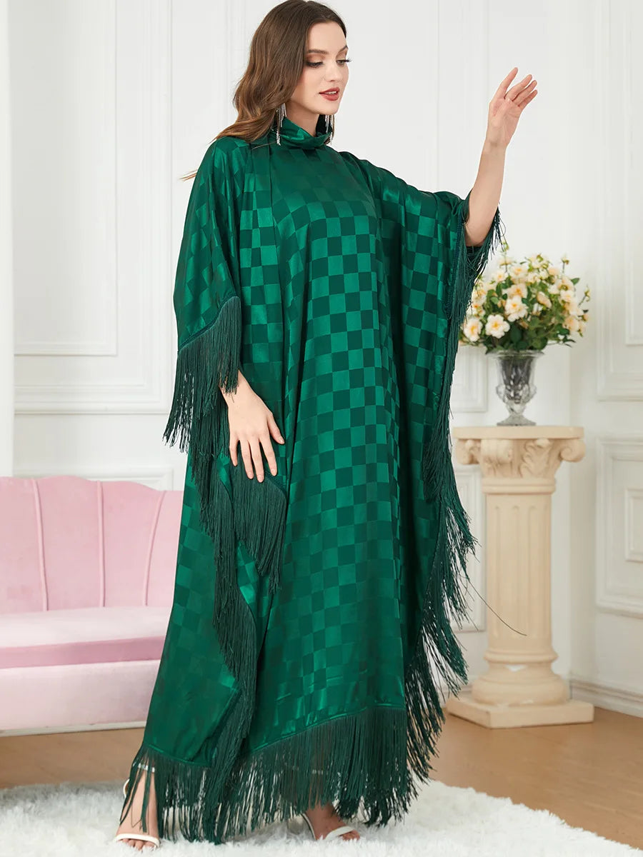 Abayas For Women Dubai 2022 Muslim Fashion Tassel Batwing Sleeve Plaid Long Dress Moroccan Kaftan Women's Jalabiya Ramadan