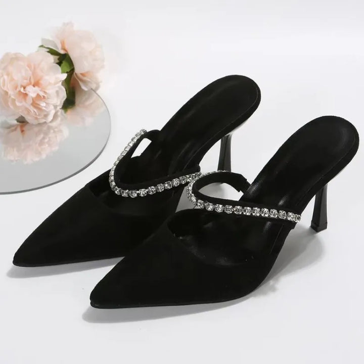 Black high-heeled shoes women's 2022 spring new women's shoes stiletto pointed toe pumps satin rhinestone glitter mules pumps