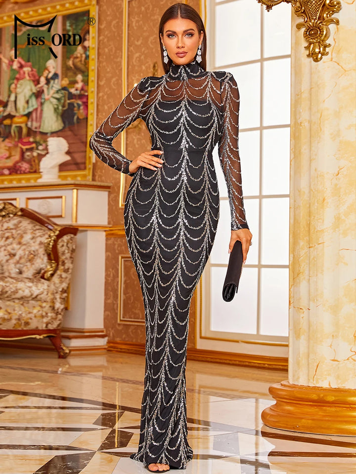 Missord Wave Sequin See Though Evening Dresses Elegant Women High Neck Long Sleeves Bodycon Maxi Party Prom Dress Long Gown