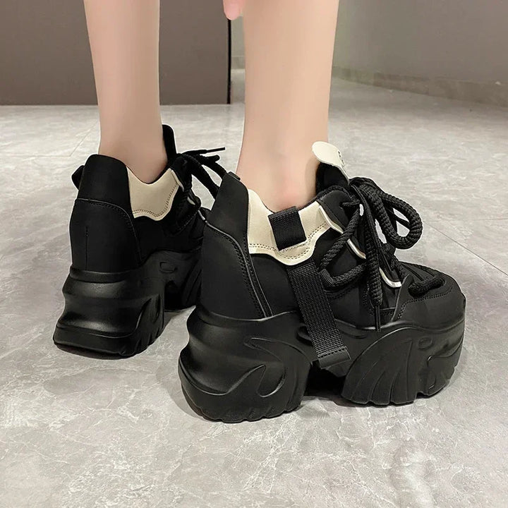 Women Walking Sneakers Autumn Lace-up High Platform Chunky Shoes Breathable Leather Shoes 10CM Winter Wedge Heels Casual Shoes