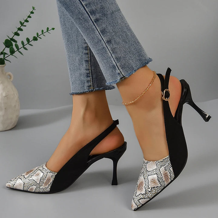 Lucyever 2024 New High Heels Mules Sandals Women Fashion Snake Pattern Thin Heeled Shoes Woman Back Strap Pointed Toe Sandalias