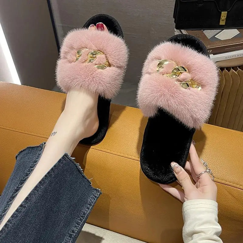 Fluffy Slippers Home Winter Casual Chain Designer Shoes Women Indoor Platform Plush Slides Girls 2024 Fashion Elegant Large Size