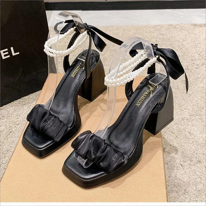 Comfort Shoes for Women Pearl Sandals Suit Female Beige Increasing Height Block Heels All-Match Black Bow 2024 Fashion Chunky Gi