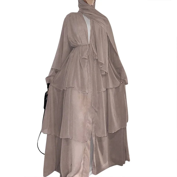 Fashion Stitching Muslim Dress Women Three-Layer Chiffon Elegant Abaya Ramadan Cardigan Hijab Marocain Dress Robe