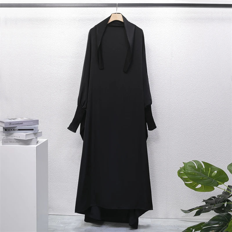 Muslim Abaya Women Jilbab Islamic Clothing Dubai Saudi Black Robe Turkish Modesty One-piece Prayer Dress Hooded Smocking Sleeve