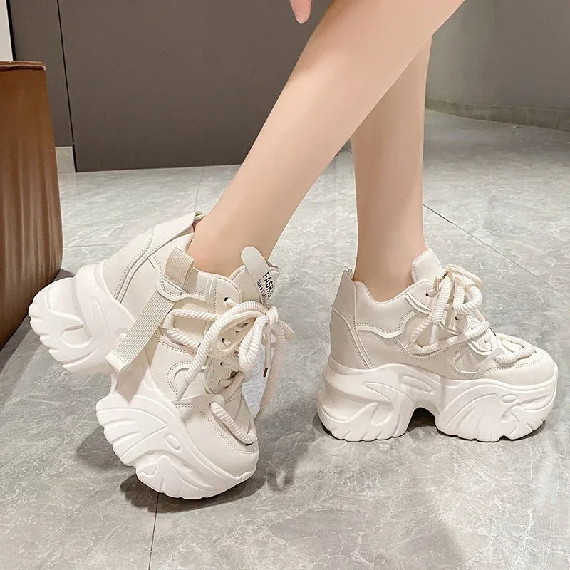 Women Walking Sneakers Autumn Lace-up High Platform Chunky Shoes Breathable Leather Shoes 10CM Winter Wedge Heels Casual Shoes