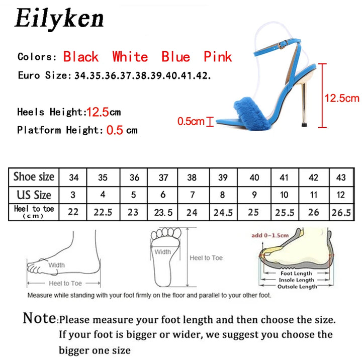 Eilyken White Sexy Open Toe Furry Fur Sandals Women Summer High-Heeled Ladies Wedding Ankle Strap Stripper Shoes