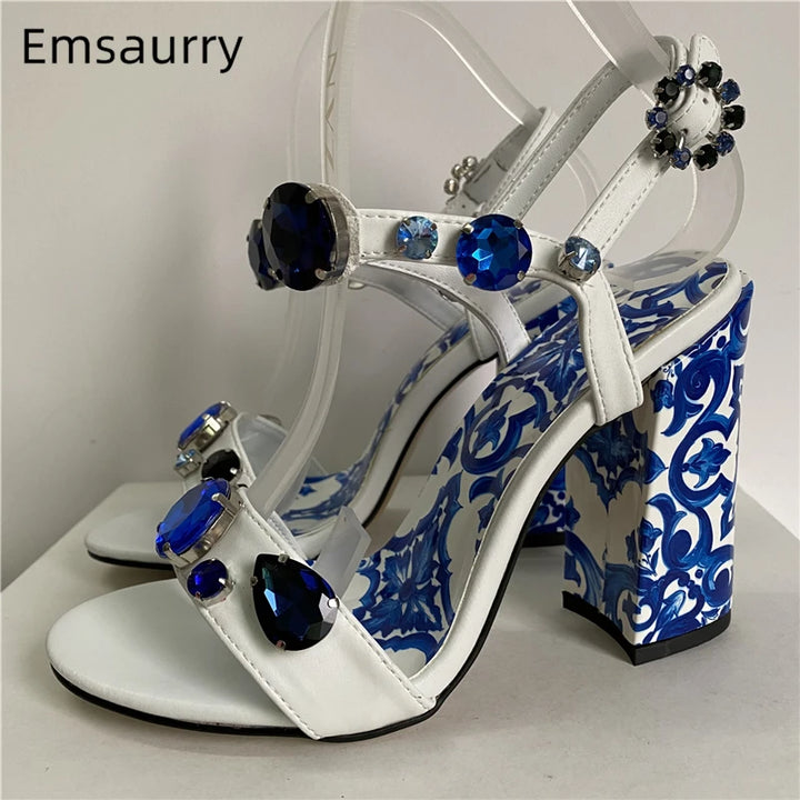 Luxury Diamond Crystal Decor Modern Sandals Women Blue And White Porcelain Print Ankle Strap Summer Shoes For Girls