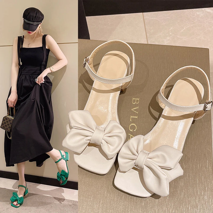 Large Solid Color Open-toe Sandals Women 2023 Summer New One-line Buckle Fashion Temperament Bow Knot Comfortable Women's Shoes