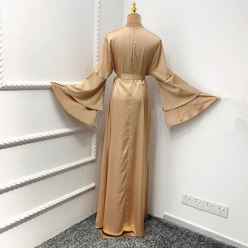 Maxi Satin Dress Muslim Modest Fashion Abaya High Quality Islamic Clothing Solid Color Flare Long Sleeve Women Dropshipping