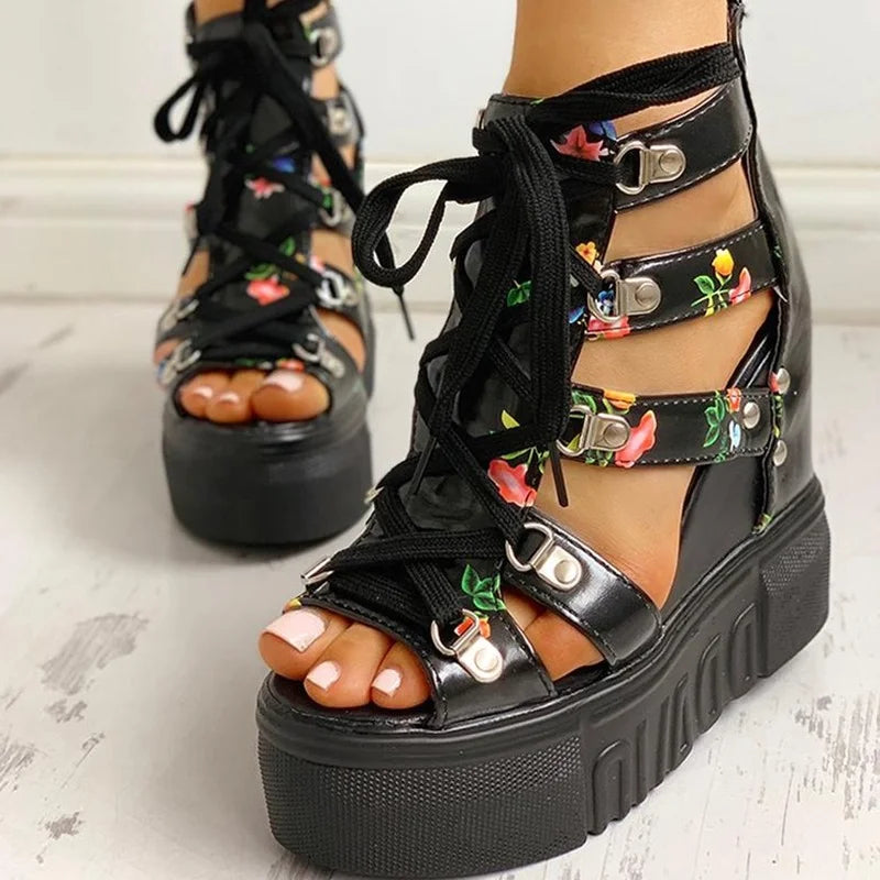 2022 Summer Printing Casual Wedge Women's Shoes Women's Sandals Thick Sole Laces High Heels Casual Women's Shoes Zapatos Mujer